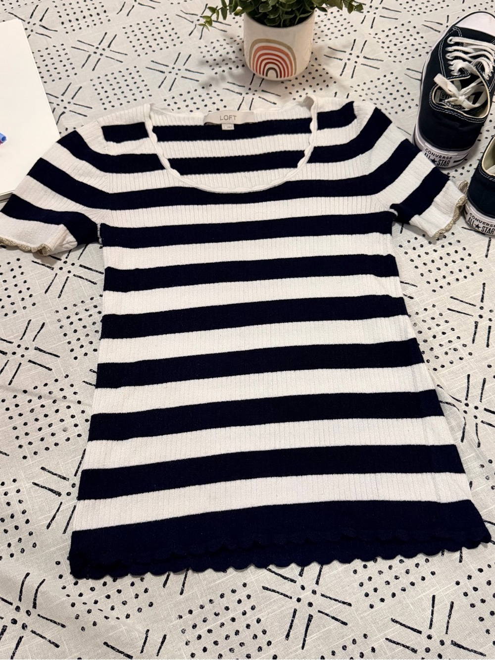 LOFT Navy and White Striped Short Sleeve Knit Top